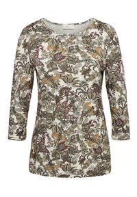 Langärmliges Oberteil mit Rundhalsausschnitt, das mit einem floralen Paisleymuster in Grün, Burgunderrot, Orange und Cremefarben verziert ist. Weicher Stoff.