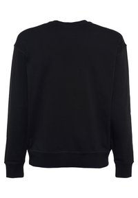 Sudadera negra hecha de tejido suave, con cuello redondo, mangas largas y puños y dobladillo acanalados. Diseño limpio sin adornos.