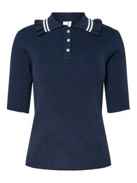 Polo-shirt à manches courtes en marine côtelé avec col à rayures blanches, détails en volants sur les épaules et trois boutons devant.
