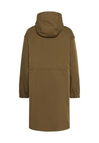 Bruine waterdichte jas met een capuchon, lange mouwen, elastische manchetten en een ontspannen pasvorm. Glad, textuurstof met een middellange ontwerp.