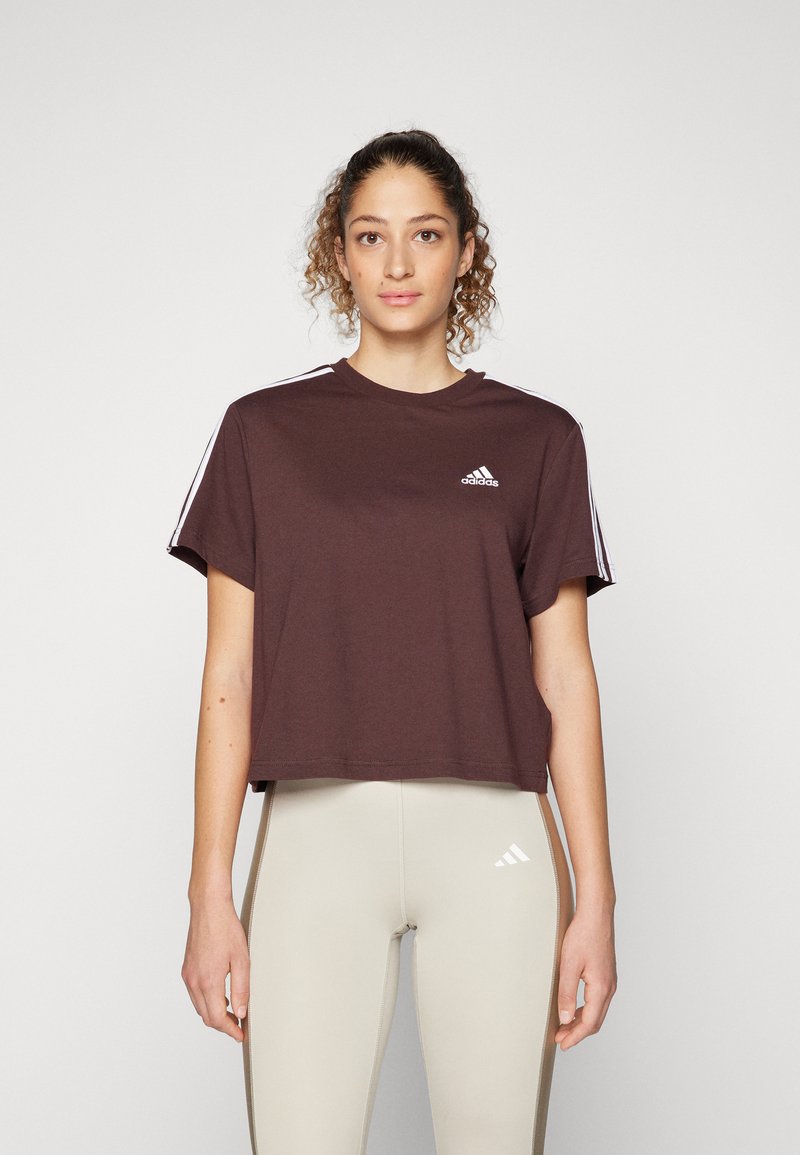 adidas Sportswear ESSENTIALS 3 STRIPES SINGLE CROPPED - Print T-shirt - shadow brown