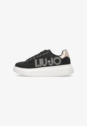 Black sneaker with white sole, metallic gold heel detail, black laces, and "LIU JO" logo decorated with silver studs on side.