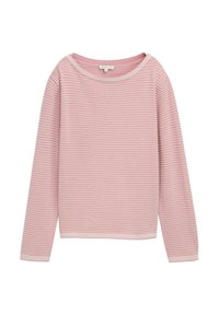Maglione rosa a manica lunga realizzato in tessuto testurizzato con strisce bianche orizzontali. Collo rotondo e vestibilità rilassata.