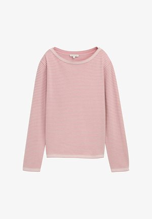 Rožinė megztinis ilgomis rankovėmis, pagamintas iš faktūrinio audinio su horizontaliomis baltomis juostelėmis. Suapvalintas iškirpimas ir laisvas siluetas.