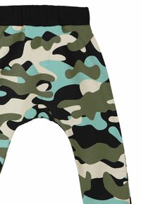 Tarnleggings in Grün, Schwarz und Hellblau. Hergestellt aus weichem Stoff mit einem elastischen schwarzen Bund für Komfort.