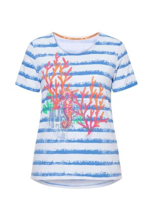 Weißes und blau gestreiftes Kurzarmhemd mit farbenfrohem Korallen- und Seepferdchen-Design auf der Vorderseite.