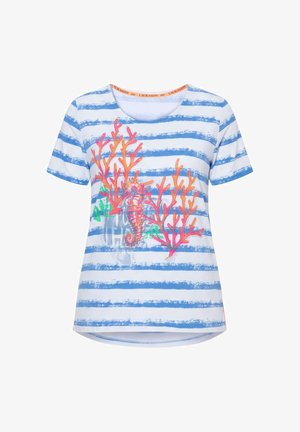 Camicia a maniche corte a righe bianche e blu con disegno colorato di corallo e cavalluccio marino sul davanti.