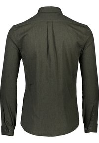 Chemise verte à manches longues avec col pointu, poignets à boutons et tissu texturé comportant un motif discret au dos.