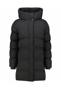 Schwarze Pufferjacke mit hohem Kragen, Design mit abgesenkten Schultern und Knopfleiste. Verfügt über gerippte Bündchen und eine gesteppten Textur.