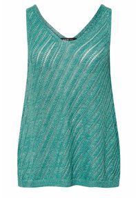 Lätt, v-ringad tanktop i teal med ett texturerat stickmönster med diagonala ränder och en avslappnad passform.