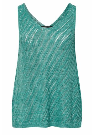 Leichtes V-Ausschnitt-Top in Türkis, mit einem strukturierten Strickmuster und diagonalen Streifen sowie einem lässigen Schnitt.