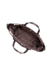 Sac fourre-tout en cuir marron avec un intérieur spacieux, doublé, doté de ferrures en ton doré et de deux poignées robustes. Fermeture zippée sur le dessus.