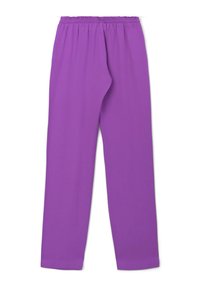 Pantaloni viola leggeri con vita elastica. Design a gamba dritta e texture liscia. Nessun motivo visibile o dettagli hardware.