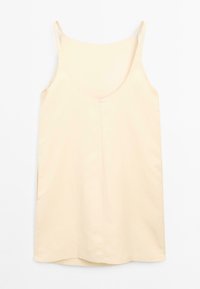 Vestito senza maniche color crema con spalline sottili e una cerniera che corre verticalmente lungo il centro anteriore.
