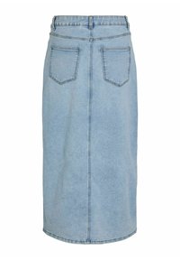 Gonna in denim azzurro chiaro con design a taglio dritto, di lunghezza media, presenta due tasche sul retro e una cucitura centrale sul retro.