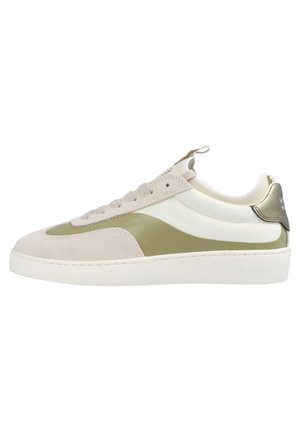 Sneaker with a beige suede upper, green side panel, white textile accents, and a cream rubber sole. Features flat laces and a pull tab.