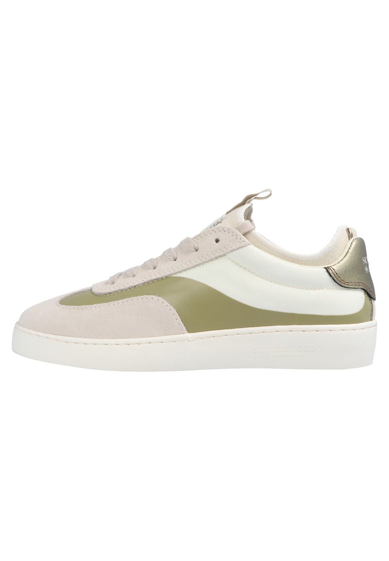 Sneaker with a beige suede upper, green side panel, white textile accents, and a cream rubber sole. Features flat laces and a pull tab.
