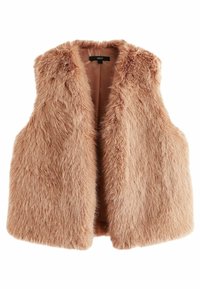 Gilet en fausse fourrure de couleur brun clair avec une texture douce et duveteuse ; design à l'avant ouvert ; sans manches ; doublure intérieure lisse ; présente une étiquette de marque.