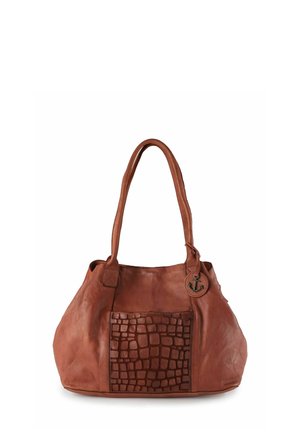 Braune Lederhandtasche mit einem strukturierten Krokodilprägungselement, zwei stabilen Griffen und einem runden Ankerakzent an der Seite.