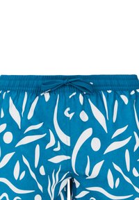 Mėlynos maudymosi šortai su baltu abstrakčiu lapų ir taškų raštu, elastinga juostos su raišteliu ir lygiu paviršiumi.