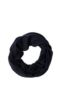 Mørkeblå infinity-scarf lavet af et blødt, let stof med en glat tekstur og samlet design. Cirkulær form, uden synligt hardware.