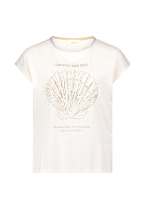 T-shirt bianca a maniche corte con bordatura argento, con una grande conchiglia glitterata e la scritta "LOVING THE SEA" e una citazione a tema spiaggia.