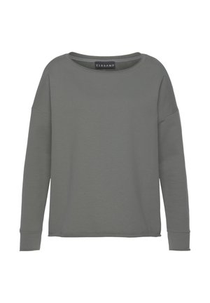 Grau langärmliger Pullover mit weitem Ausschnitt und überschnittenen Schultern, aus weichem Stoff gefertigt. Hat einen gerippten Innenkragen und Bündchenärmel.