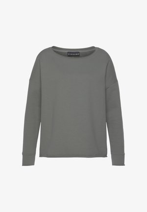 Grey long-sleeve sweatshirt with a wide neckline and dropped shoulders, made of soft fabric. Features a ribbed inner collar and cuffed sleeves.