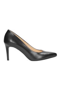 Czarne skórzane szpilki z wąskim noskiem i eleganckim designem. Posiadają smukły obcas typu stiletto i gładkie wykończenie.