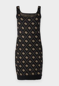 Black sleeveless dress featuring a diamond pattern with gold accents. It has a square neckline and a fitted silhouette, made of soft fabric.