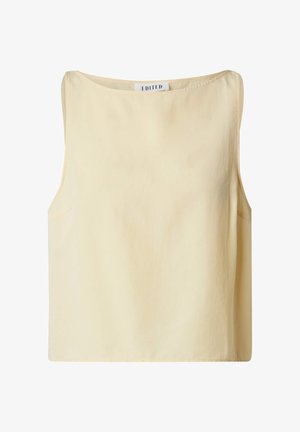 Mouwenloze gele top van zacht materiaal. Het heeft een brede halslijn en een rechte snit met zijnaden voor een ontspannen pasvorm.