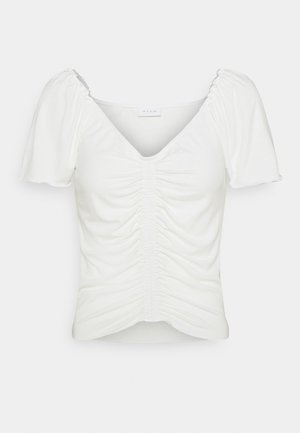 White short-sleeve top with a deep V-neckline, gathering detail at the front and sides, made from textured, ribbed fabric.