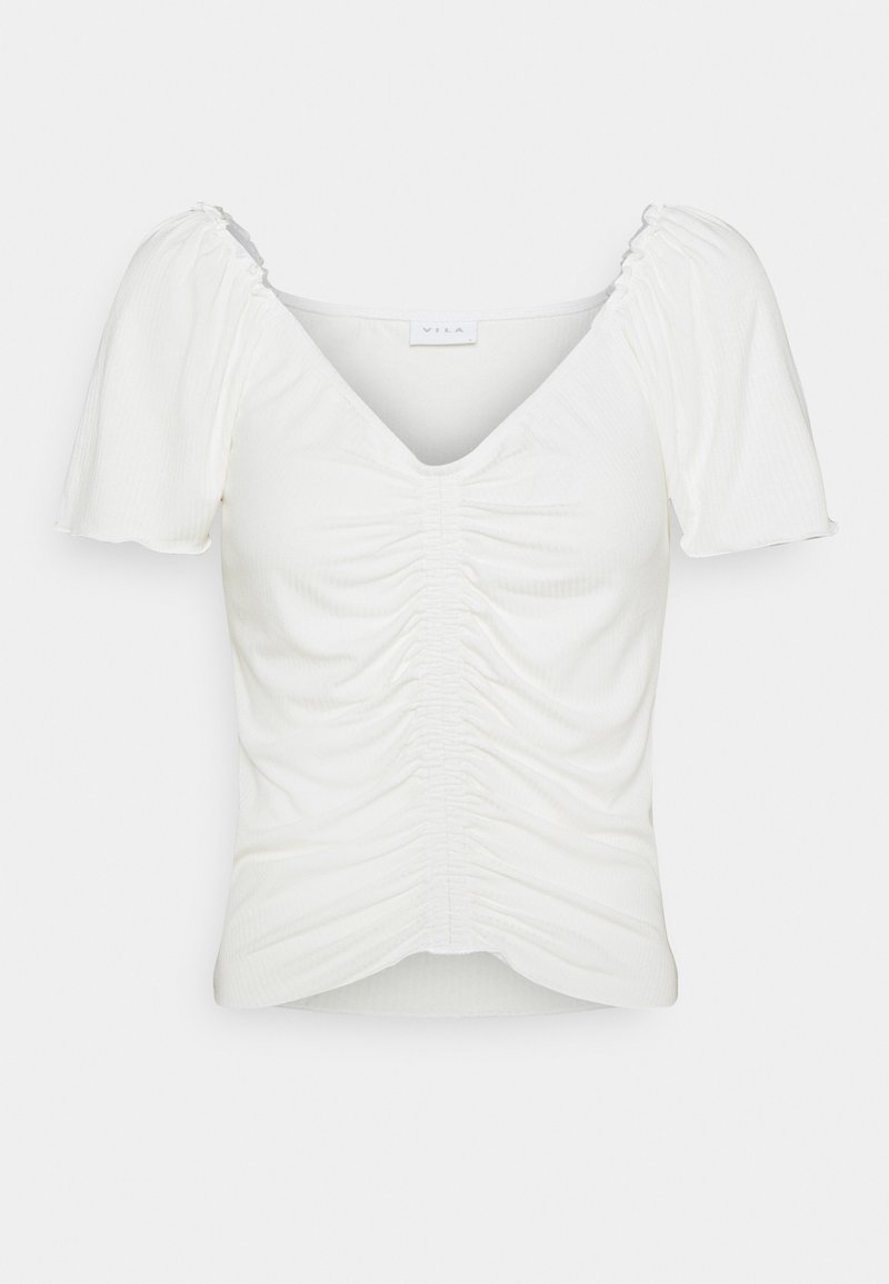 White short-sleeve top with a deep V-neckline, gathering detail at the front and sides, made from textured, ribbed fabric.