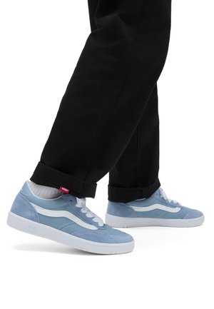 Zapatillas de ante azul claro con detalles en blanco, puntera redonda, diseño de cordones y superficie texturizada. Pantalones negros con dobladillos enrollados.