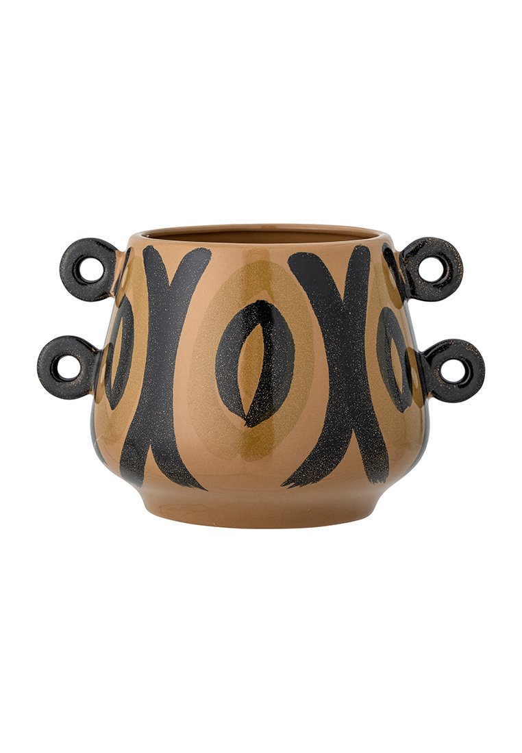 Bruine keramische pot met vier ronde lusgrepen en zwarte abstracte 'X'- en oogvormige patronen rond de romp.