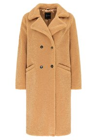 Tan faux fur coat with a notched collar, double-breasted buttons, side pockets, and a textured, soft appearance.