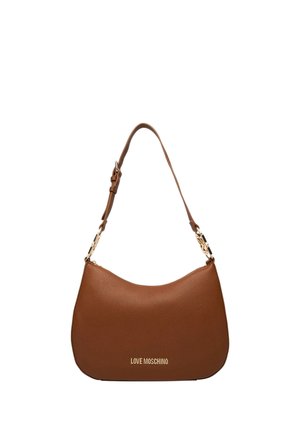 Borsa a tracolla in pelle marrone testurizzata con tracolla regolabile e logo dorato "Love Moschino" sulla parte anteriore.