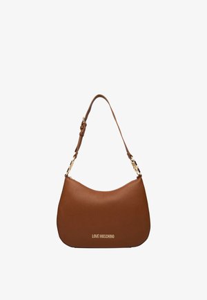 Borsa a tracolla in pelle marrone testurizzata con tracolla regolabile e logo dorato "Love Moschino" sulla parte anteriore.