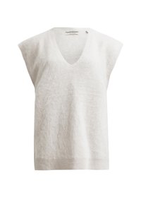 Gilet sans manches en tricot blanc duveteux avec col en V et ourlet côtelé, présenté sur un fond blanc.