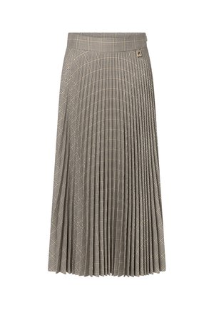Gonna plissettata di lunghezza midi con motivo a quadri beige e marrone, dotata di una fascia larga in vita e un piccolo dettaglio con logo metallico vicino alla parte superiore.