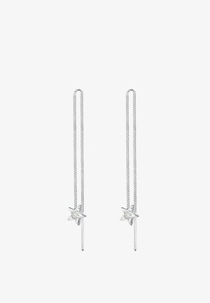 Silberne Langdrop Ohrringe mit einem Sternanhänger, einem glänzenden Edelstein, einer zarten Kette und einem minimalistischen geraden Steckerdesign.