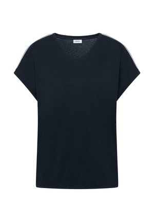 Zwart T-shirt met korte mouwen, een ronde hals en een klein wit streepje op de schouders. Label "CECIL" zichtbaar aan de binnenkant van de kraag.