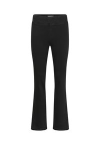Schwarze, ausgestellte Hosen aus dehnbarem, weichem Stoff mit einem hohen Bund. Sie haben eine glatte Textur und keine sichtbaren Beschläge oder Muster.
