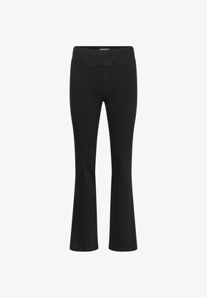 Black flared pants made of stretchy, soft fabric with a high waistband. Features a smooth texture and no visible hardware or patterns.