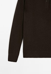 Maglione lavorato a maglia marrone con collo a camicia, maniche lunghe e polsini e orlo a coste. Texture morbida, design minimalista senza motivi.