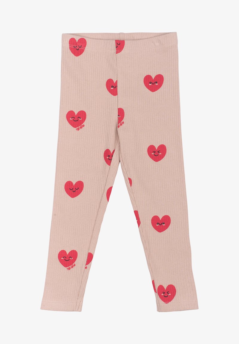 Rebraste legice v mehki bež barvi z ponavljajočim se vzorcem rdečih src s obraznimi izrazi. Elastik pas za udobje.