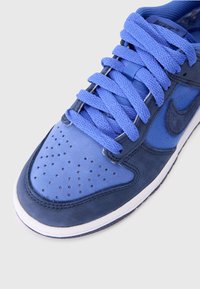 Blå sneakers med en blandning av mocka och mesh-material, med perforerat tåparti, kontrasterande snören och en vit gummisula.