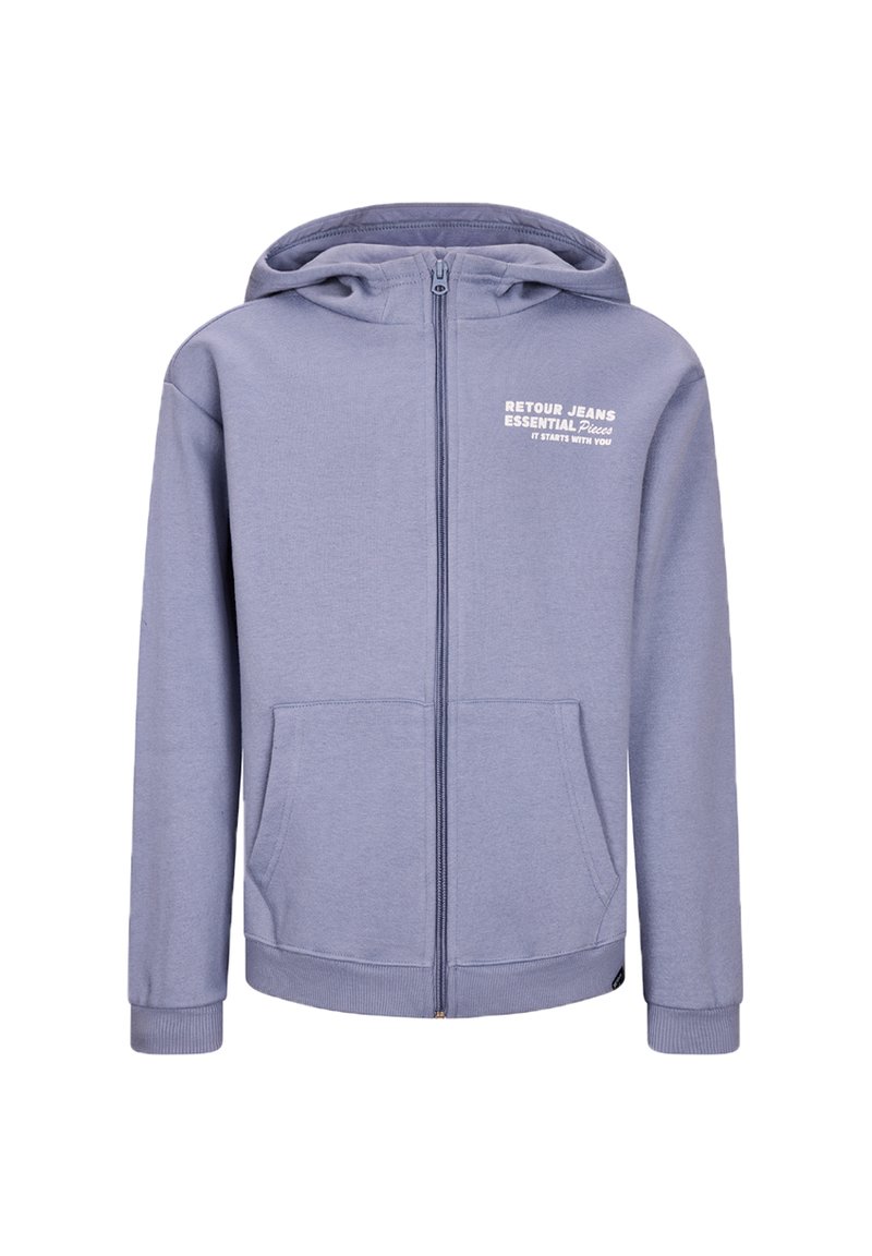 Felpa blu con zip realizzata in tessuto morbido, dotata di tasca a marsupio, polsini a costine e stampa del logo sul lato sinistro del petto.