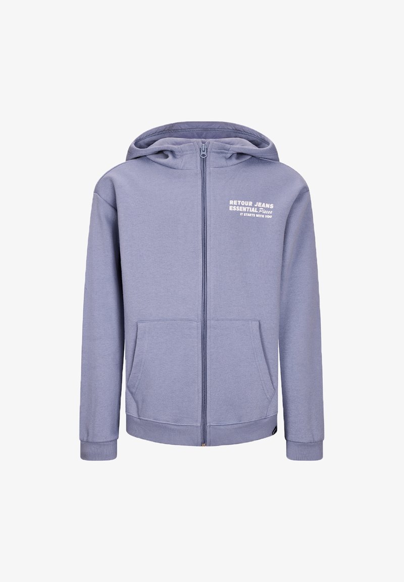 Felpa blu con zip realizzata in tessuto morbido, dotata di tasca a marsupio, polsini a costine e stampa del logo sul lato sinistro del petto.