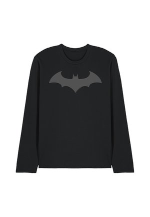 Black long-sleeve shirt with a large dark gray Batman logo centered on the chest against a white background.